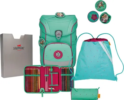 A collection of school supplies including a backpack, pencil case, and drawstring bag, laid out on a white background.
