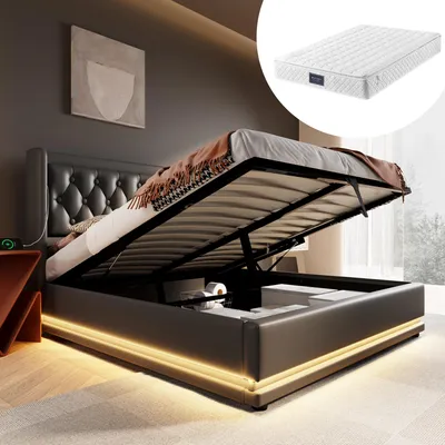 Produktbild von Polsterbett Doppelbett 160*200 cm,Schwarz PolyurethanMaterial Hydraulisches Stauraumbett, gepolstertes Kopfteil mit USB Typ-C Ladefunktion