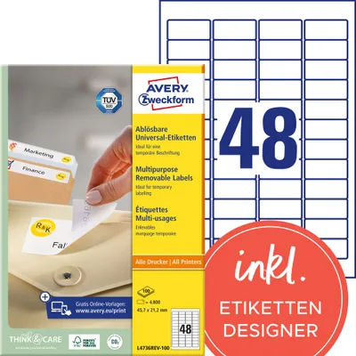 Produktbild von Avery Zweckform L4736REV-100 Universal-Etiketten, ablösbar, A4 45,7 x 21,2 mm, weiß