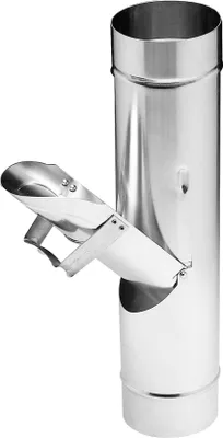 A close-up studio shot of a silver metal downspout diverter with a flap.