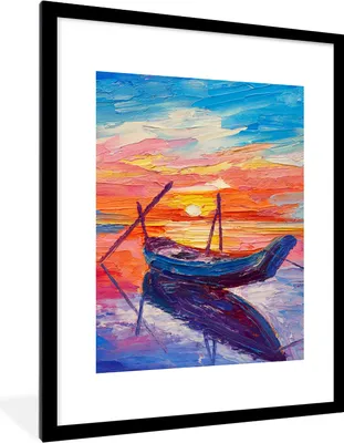 Produktbild von MuchoWow® Gerahmtes Poster Malerei - Boot - Ölfarbe - Wasser 60x80 cm - Poster mit Schwarzem Bilderrahmen Wandposter Rahmen Foto Bilder - Wohnzimmer - Dekorationen - Prämie