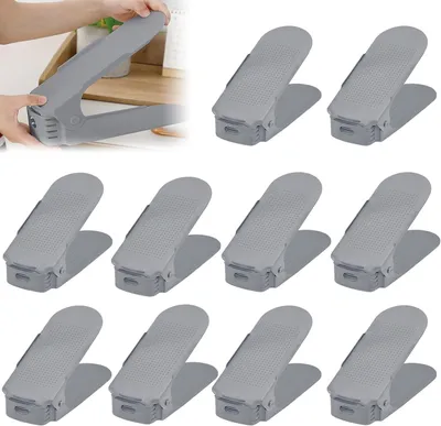 Image de ROSEJANE, étagère à chaussures, lot de 30 pièces, gris. Organisateur à chaussures gain de place avec réglage de hauteur en 3 niveaux. Support à chaussures antidérapant, idéal pour les placards à chaussures et les dressings