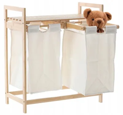 Produktbild von Bambus Badregal mit 2 Wäschekörben (64x33x73 cm) | Ausziehbarer Wäschesammler & Wäschesortierer, Natur-Holz, Standregal Aufbewahrung mit Stoffkörben