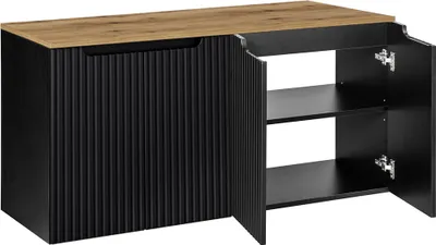 A black cabinet with a wooden top and open doors, showing shelves inside.