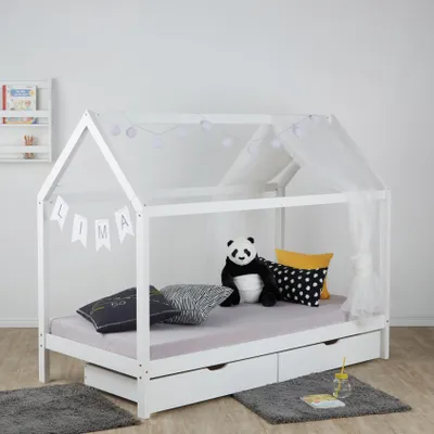Image de Lit D'Enfant 90x200 Lit Maison Lit Cabane Lit Montessori Lit Bois Blanc Tiroir