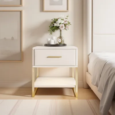 Image de Ensemble de 2 tables de chevet ProximaX en velours beige avec 1 tiroir et éclairage LED RGB, structure métallique dorée, 40 x 31 x 50 cm, pour la chambre à coucher et le salon