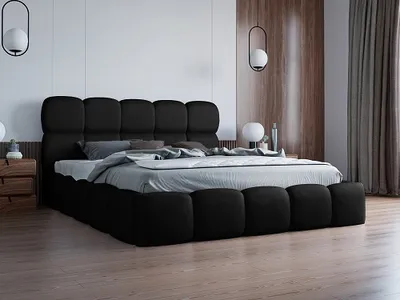 A black upholstered bed with a tufted headboard and footboard is shown in a modern bedroom setting.