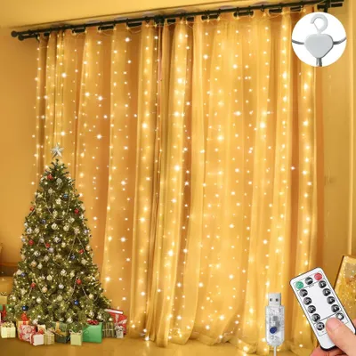 LED-Vorhangbeleuchtung 3x3 m, 300 warmweiße LEDs, wasserdicht, Fernbedienung