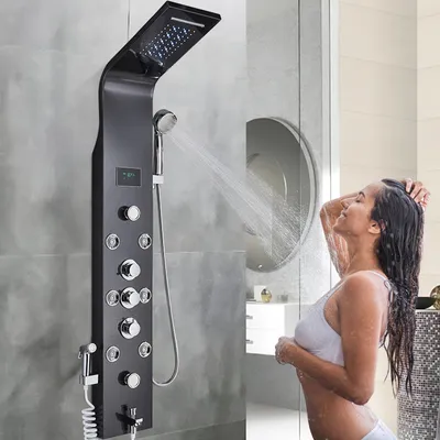 Productafbeelding van Douchepaneel – Zwart RVS – 5-in-1 Regendouche Met Massagejets – Wandmontage – Moderne Stijl