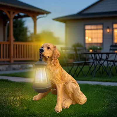 Produktbild von Neue Solar-Hunde-Gartenstatue 2025, beleuchtete, wetterfeste Harzskulptur mit Laterne für Terrasse, Rasen, Garten – geeignet für den Außenbereich