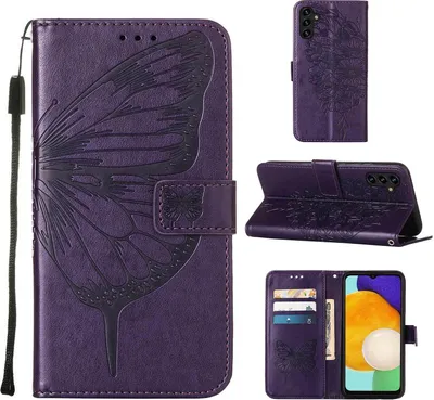 Produktbild von Galaxy A13 5G Hülle, Schmetterling Prägung Flip Leder Kartenfächer Schutzhülle Ledertasche mit Ständer für Samsung Galaxy A13 5G Lila