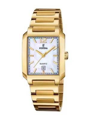 A product shot of a gold women's watch with a white mother-of-pearl dial.