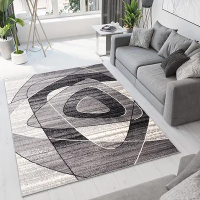A modern living room with a gray sofa and a geometric rug.
