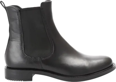 A black leather Chelsea boot is shown from the side against a white background.