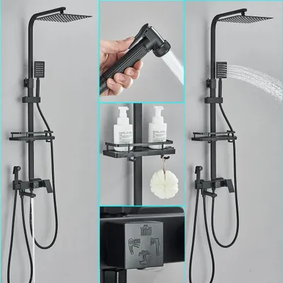 Imagen del producto de Juego de ducha de techo con grifo - Columna de ducha de pared, modelo A - Cabezal de ducha de 30 cm - Desagüe de bañera giratorio de 15 cm - Mezclador monomando - Cartucho cerámico - Color