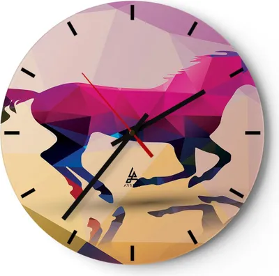 Produktbild von Wanduhr - Rund - Glasuhr - Pferd Tiere Geometrie Diamant - 40x40cm - Schleichendes Uhrwerk - Lautlos - zum Aufhängen bereit - Dekoration Modern - Wanddekoration aus Glas - C3AR40x40-2803