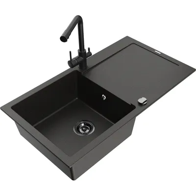 Zdjęcie produktu dla Mexen Leo zlewozmywak granitowy 1-komorowy z ociekaczem i baterią kuchenną Duero, czarny/złoty metalik - 6501-75-671600-70-B