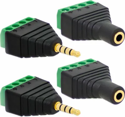 Produktbild von 2X Klinken Buchsen + 2X Stecker 3,5mm Adapter > Terminalblock 4 Pin Schraub Klemme Set