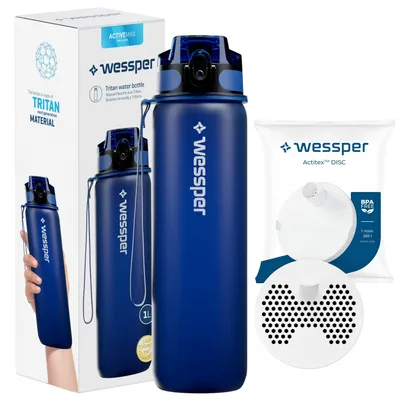 Produktbild von Wessper Activemax Triline 1l Wasserflasche + Wessper Actitex Disc Filterpatrone | Flasche in Blau, komplett mit Wasserfilterpatrone