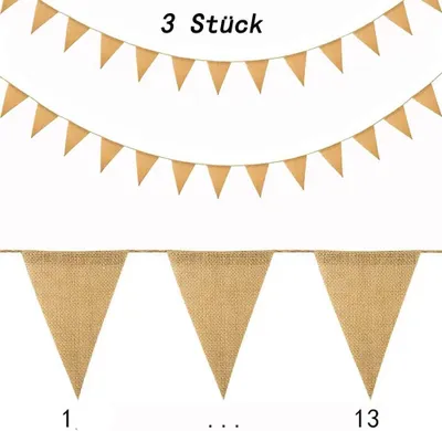 Produktbild von Wimpelkette Leinen 3 Stück, Dreieckige Fahnen 13 x 17 cm, Hanfseil, 2,8 m