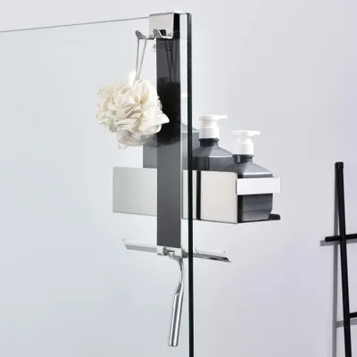 Image de Etagère de douche en acier inoxydable avec crochets pour paroi de douche en verre H30BN-1DH de HomeHeng
