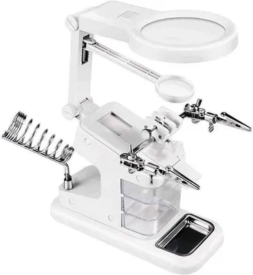 Produktbild von Unyqoos® Vergrößerungslupe mit Klemmen – Löt‑Hilfsstation für Hobby & Handwerk, 3×/4,5×/25× Vergrößerung, 10 LEDs, Schwarz, Lötkolbenhalter