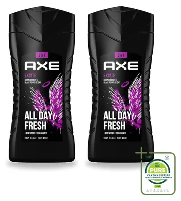 Imagen del producto de 2 unidades de gel de ducha 3 en 1 Axe Excite, aroma coco y pimienta negra, 250 ml, pack grande