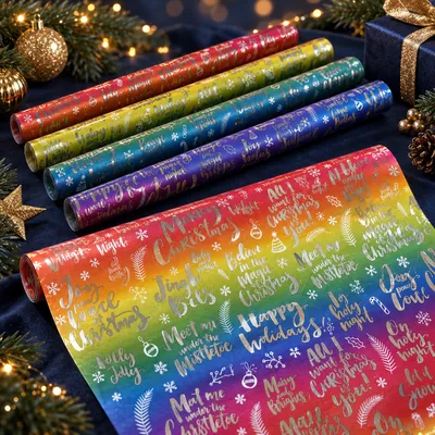 Produktbild von Benza Rainbow Weihnachts-Geschenkpapier – 5 Rollen à 300 x 70 cm – Buntes Geschenkpapier mit Metallic-Folienaufdruck, KI-generiertes Bild