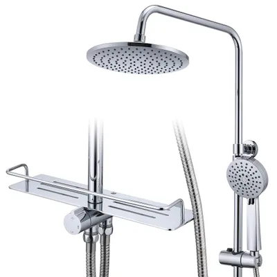 Produktbild von HOMELODY Edelstahl Duschsystem ohne Armatur, Regendusche set mit Ablage, Kopfbrause Rund 228mm, Handbrause mit 3 Strahlarten, Höhenverstellbar Chrom