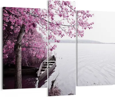 Produktbild von Bild auf Leinwand - Leinwandbild - 3 Teile - See Rosa Bäume - 95x80cm - Wand Bild - Wanddeko - Wandbilder - Leinwanddruck - Bilder - Wanddekoration - Leinwand bilder - Wandbild - CB95x80-4147