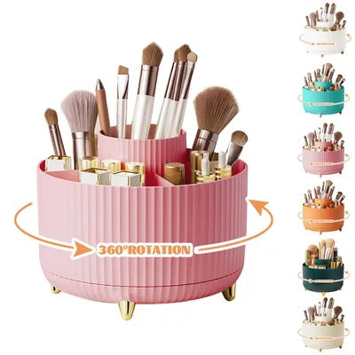 Image de Organiseur de maquillage rotatif, porte-pinceaux, rangement pour produits cosmétiques à 5 compartiments, organiseur de coiffeuse esthétique pour la décoration intérieure, coiffeuse, chambre à coucher, rangement de salle de bain (rose)