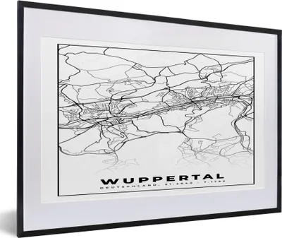 Produktbild von MuchoWow® Gerahmtes Poster Stadtplan - Wuppertal - Karte 60x40 cm - Poster mit Schwarzem Bilderrahmen Wandposter Rahmen Foto Bilder - Schlafzimmer - Plakat in Rahmen - Drucken