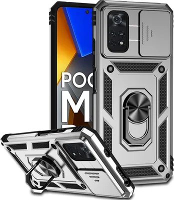 Produktbild von Xiaomi Poco M4 Pro 4G Hülle mit Schiebe Kamera Schutz und Ringhalter Ständer Robust Rüstung Schutzhülle für Xiaomi Poco M4 Pro 4G Silber