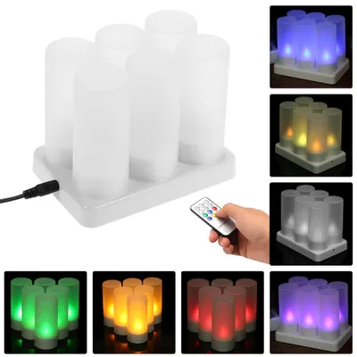 A collage of images showing a set of LED tea lights on a charging base, with different color options displayed, and a hand holding a remote control.