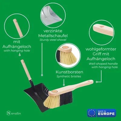 Obrázok produktu pre Novaliv izbová metla s rukoväťou robustná jemná umelecká metla metla s mäkkými štetinami metla na skrinky 4 ks zásuvná rukoväť a ručná kefa na prach sada kovová čierna metla na prach metla ručná zametacia súprava zametač a lopatka na prach