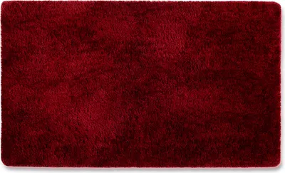 A close-up, top-down view of a rectangular, plush rug in a deep red color.