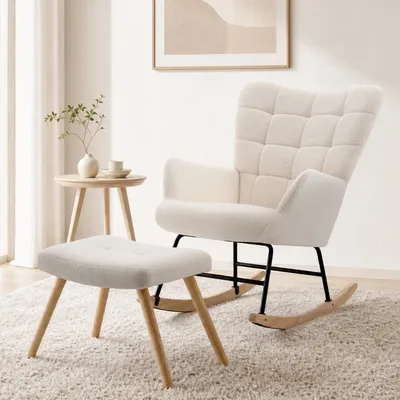 Produktbild von STILVORA Schaukelstuhl mit Eisenrahmen und neuer Polsterung, Sessel mit Gummibaumholzfüßen, Relaxsessel mit Fußstütze, Beige