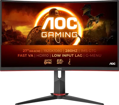 A promotional image for an AOC gaming monitor, featuring a fantasy-themed background with a warrior and a dragon.
