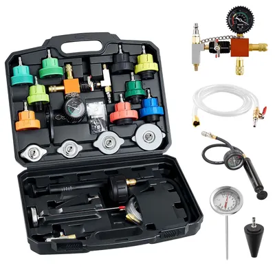 Produktbild von VEVOR Kühlmittel-Druckprüfer-Kit, 28-teiliges Kühler-Vakuum-Nachfüllkit mit 4 Adaptern, universell passend, Druckprüfer-Kit für Automobil-Kühlsysteme, mit Druckpumpe und Aluminiumlegierung Entlüftungsfüller, Aluminiumlegierungszylinder-Druckpumpe+Integrierte Aluminiumlegierungsfüllung, 9 anodisierte Kunststoffkappenadapter+1 konischer Universaladapter+4 Kappenadapter