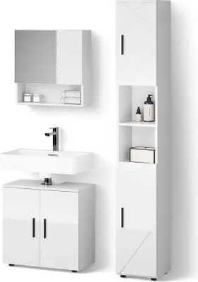 Image de Ensemble de meubles de salle de bain Livinity Ronco Blanc Haute brillance 3 pièces, avec armoire haute, Model 52621