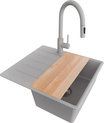 Produktbild von PRIMAGRAN Granitspüle Grau 55x50cm, Spülbecken 1 Becken + Küchenarmatur 40x20cm + Ablauf-Set + Schneidebrett, Küchenspüle ab 40er Unterschrank - Kopenhagen