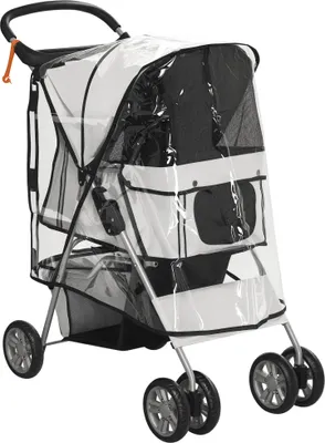 Image de PawHut Poussette buggy pliable animaux chariot pliante imperméable chien chat porte-gobelet panier de rangement inclus roues avec frein tissu 600D Oxford acier housse de pluie incluse gris