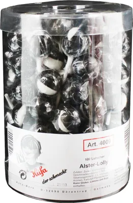 Immagine prodotto di Küfa Alster lolly, lecca-lecca, lecca-lecca alla liquirizia, al gusto di liquirizia, caramella, bianco e nero, 100 pezzi, 4009