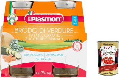 Produktbild von 3x Plasmon Brodo Di Verdure, Gemüsebrühe mit Kartoffeln, Karotten, Zucchini und Spinat 4x125g Liquido + Italian Gourmet polpa 400g
