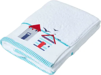 Image de HOMESCAPES Linge de douche maison de plage 100% coton turc serviette 70x120cm - blanc et bleu