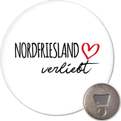 Produktbild von Huuraa Magnet Nordfriesland verliebt 59mm Kühlschrankmagnet rund Flaschenöffner Geschenkidee