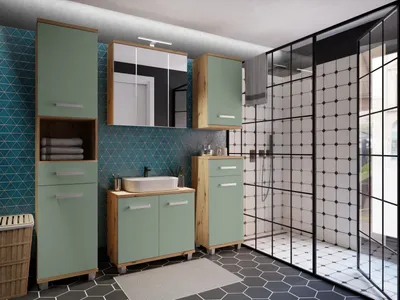 Produktbild von Badezimmer-Set >Veris< (5-teilig) in Artisan Eiche Nachbildung / salbei, Holzwerkstoff