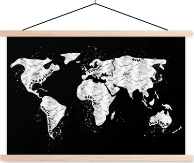 Produktbild von MuchoWow® Textilposter Karte - Marmor - Schwarz - Weiß 120x80 cm mit holzfarbenen Rahmen - Aufhängeset