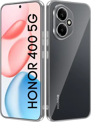 A clear product shot of a transparent phone case for an Honor 400 5G phone, shown from two angles.