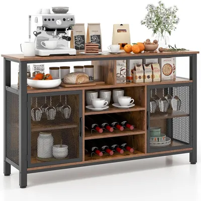 Image de Buffet - Meuble de rangement - Armoire de cuisine - Meuble mural - Rangement - Avec 2 portes en métal - Rangement à vin avec porte-verres